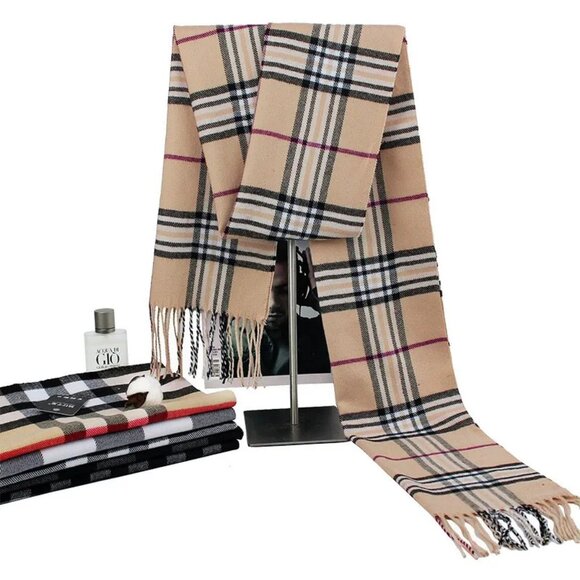 2/$30 Classic Tan Beige Plaid Tartan Scarf Cashmere Feel Fringe Winter Wrap Men - Picture 4 of 5